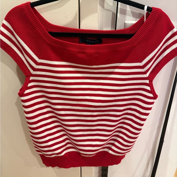 Tommy Hilfiger Sweaters - Tommy Hilfiger Red & White Off-the-Shoulder Striped Sweater